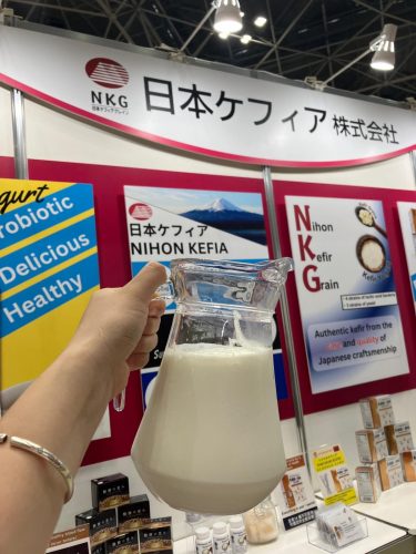 A pitcher of kefir for tasting at the show