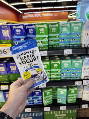 OEM kefir culture starter in front of a supermarket milk display